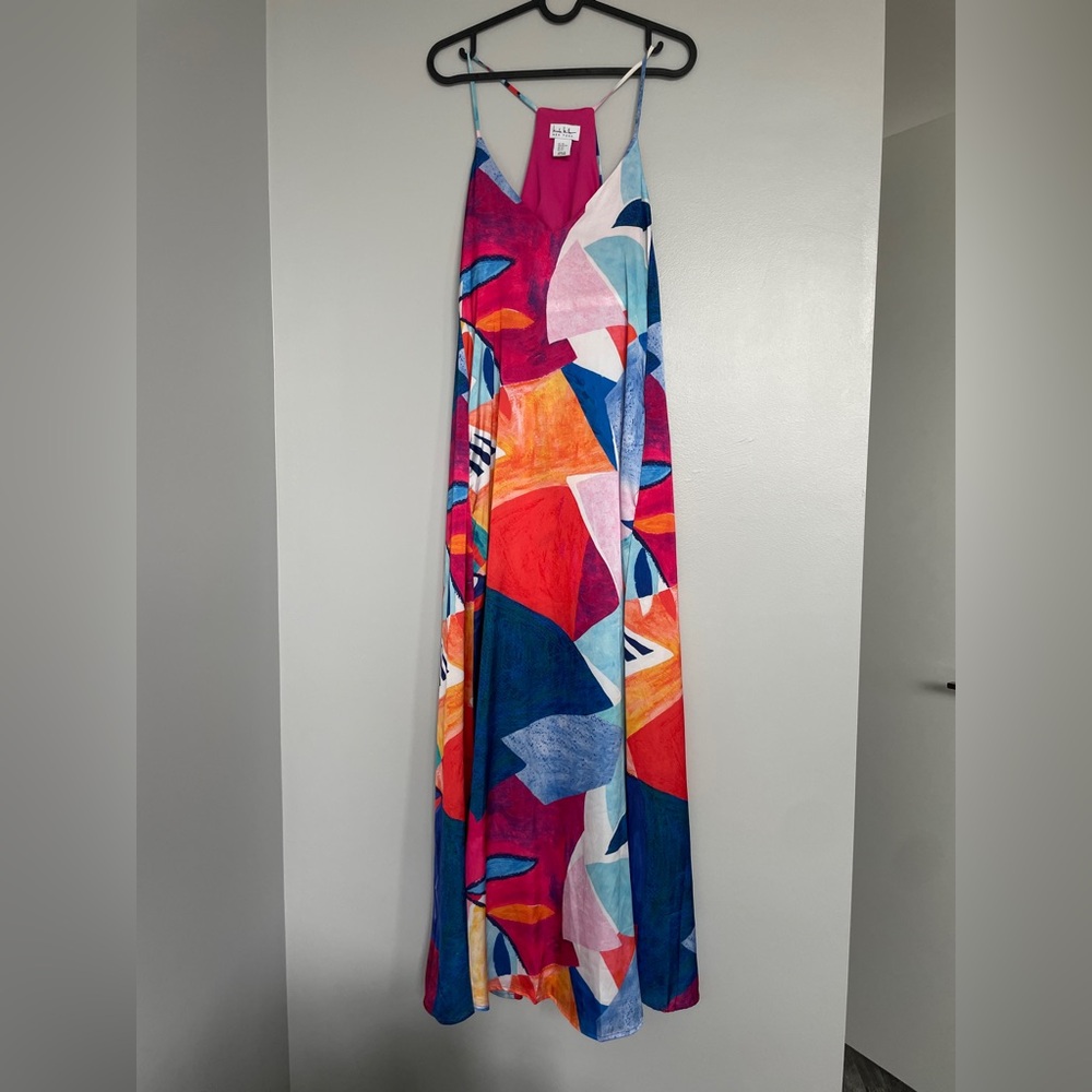 NICOLE MILLER NY Charmeuse V-Neck Abstract Maxi Dress Racerback Size XS
